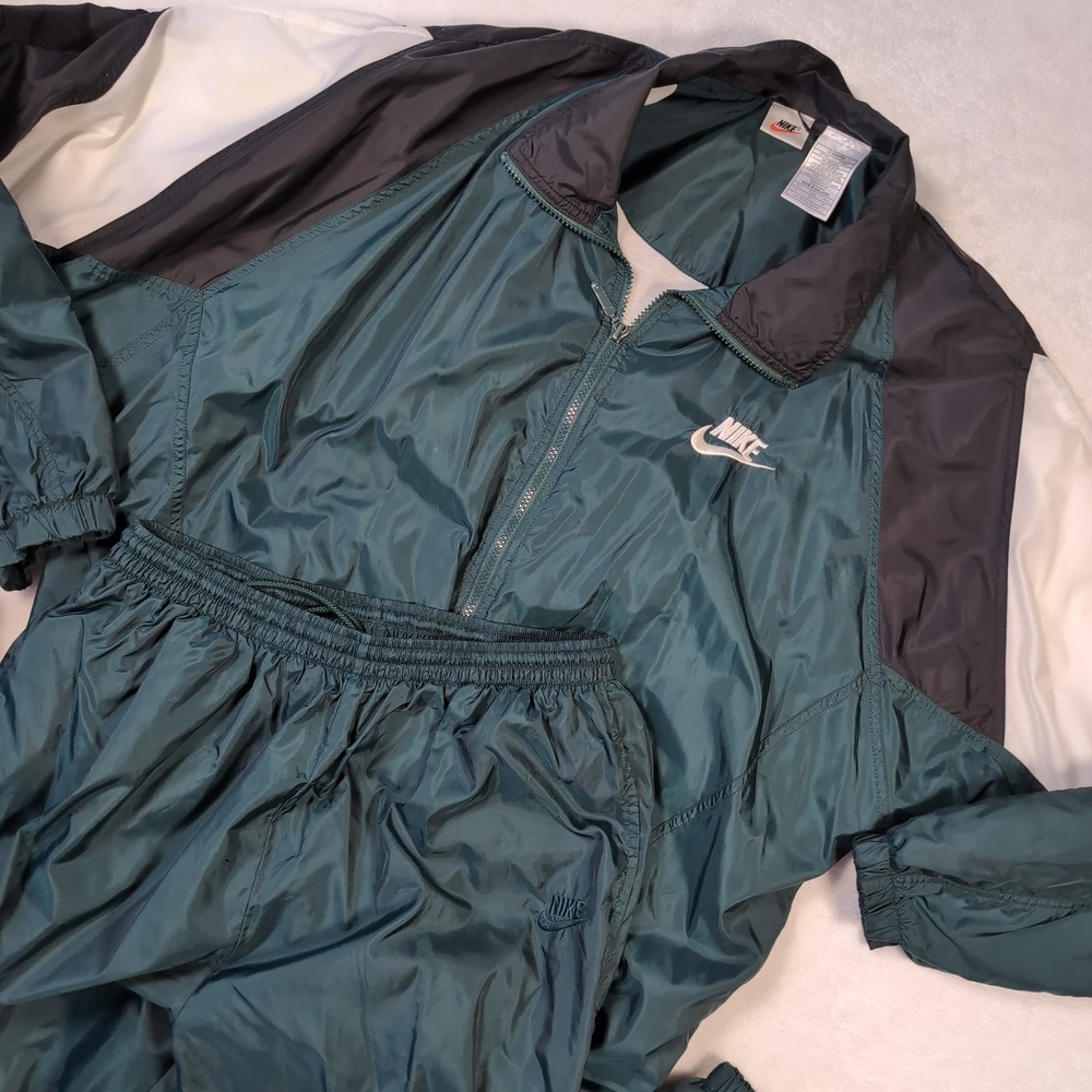Vintage 90s Nike Tracksuit XL Big Swoosh Jacket Pants Green Black Retro Set